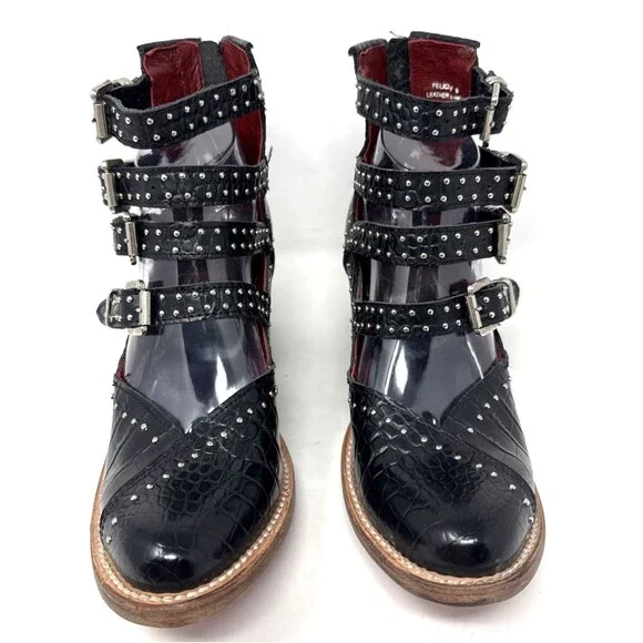 Freebird Felicity Strappy Studded Buckle Bootie Womens 8 Black Leather Red Sole - Picture 3 of 16
